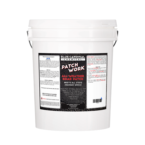 Patch Work all-weather ready-to-use road patch for wet or dry surfaces, hardening under compression